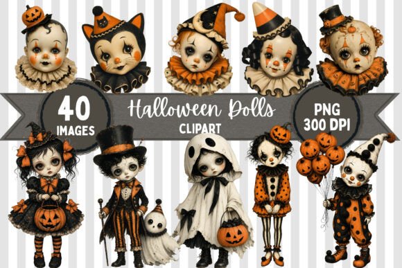 Download Vintage Spooky Halloween Dolls Clipart - Vintage Collection