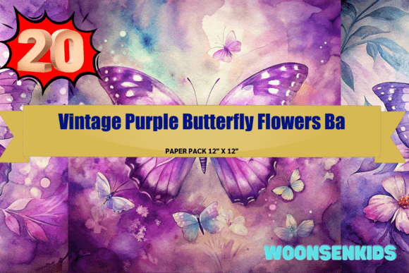 Download Beautiful Vintage Purple Butterfly Flowers Background Watercolor Png Kdp Digital Paper - Vintage Collection