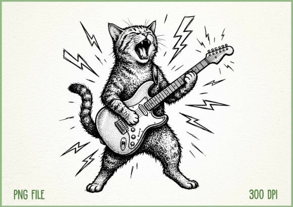 Download Vintage Rockstar Cat Playing Guitar PNG - Vintage Collection